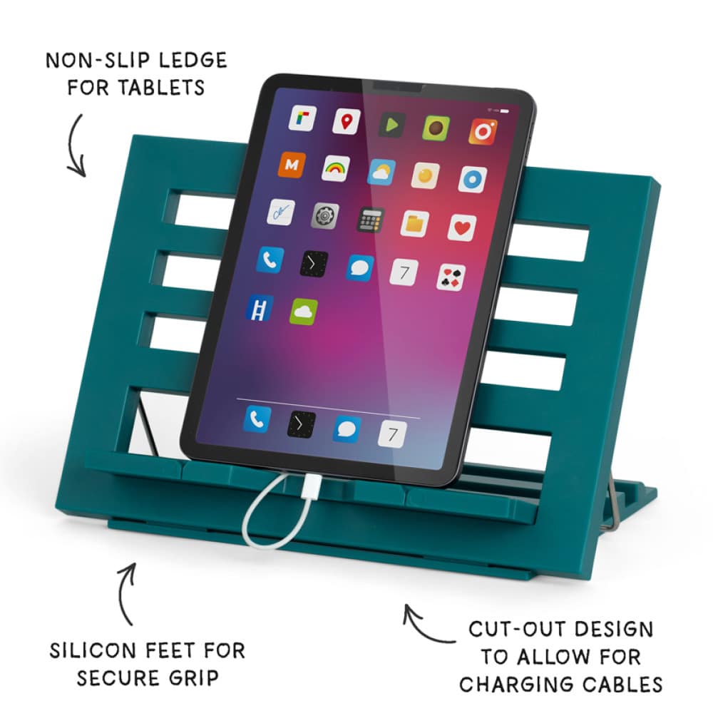 Kirjatuki Reading Rest tablettituki on mainio apu tabletin käyttöön tai kirjan lukemiseen, väri sinivihreä.