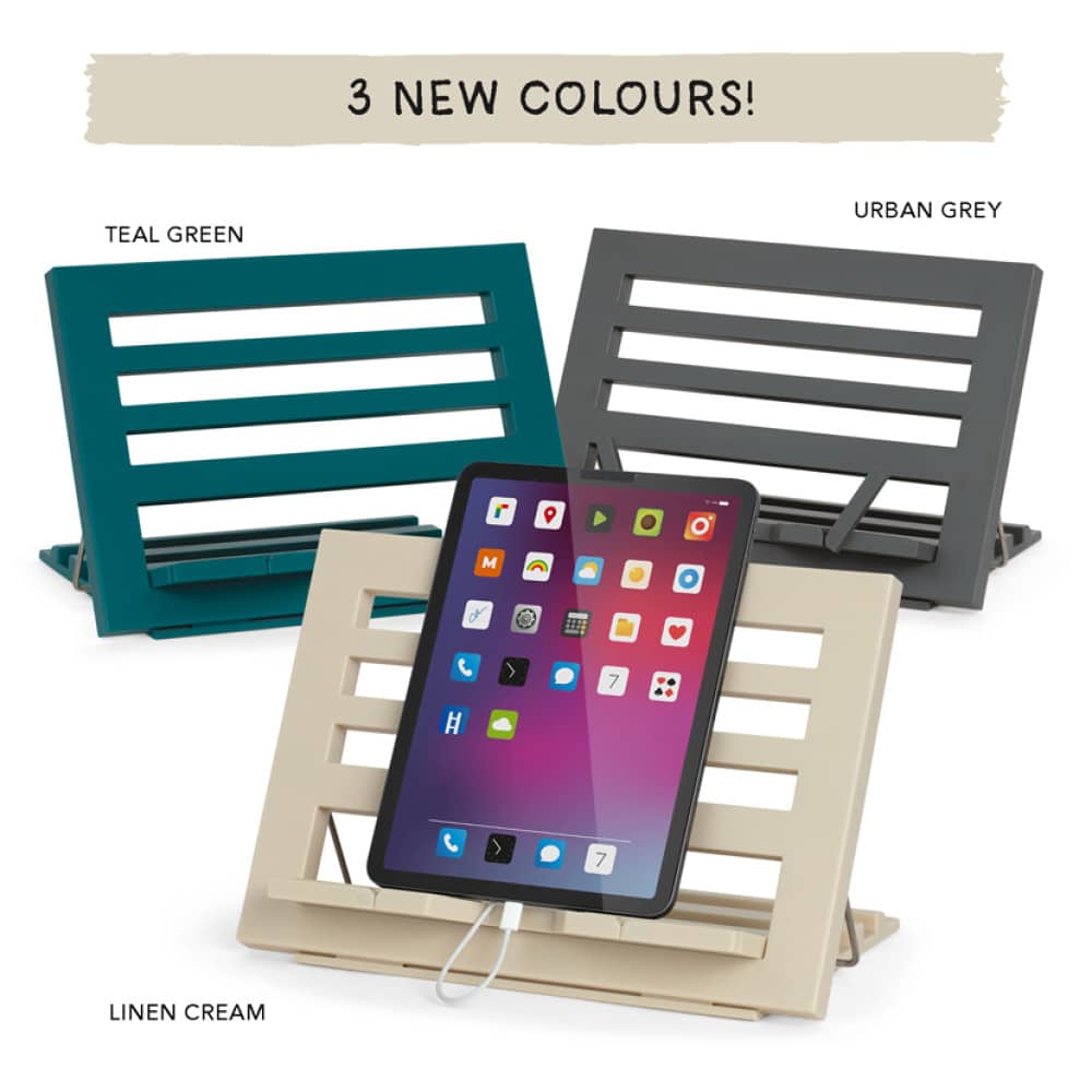 Kirjatuki Reading Rest muovinen tablettituki. Herkullisen väriset monikäyttöiset kirjatelineet on helppo pitää puhtaana.