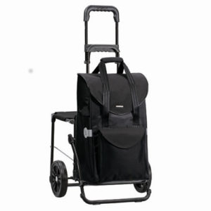 Ostokärry, jossa integroitu istuin. Isot pyörät, kulkee hyvin vaikeissakin olosuhteissa.