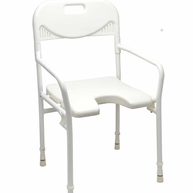 Pesutuoli, jossa käsi-ja selkänojat, tukeva istua pesun aikan, helppo nousta ylös käsinojien avulla