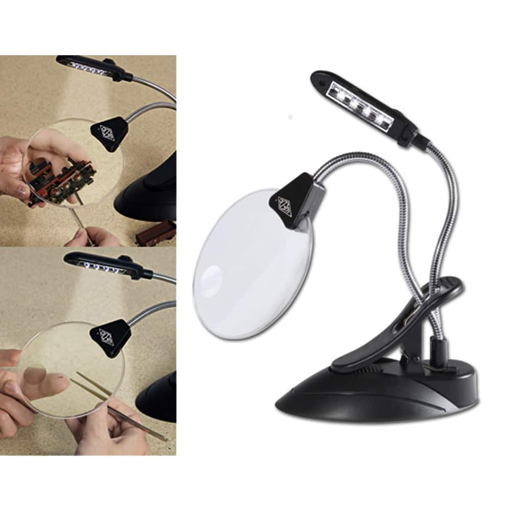 Pöytäsuurennuslasi, jossa kaksi taipusiaa vartta, toisen päässä 2-kertaisesti suurentava suurennuslasi ja toisen päässä 4 kirkasta led-valoa.