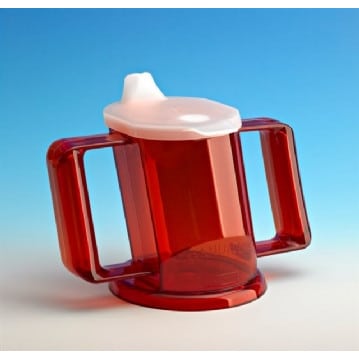 Handycup kallistettu kaksikahvainen muki. Väri punainen on hyvä myös muistisairaille.