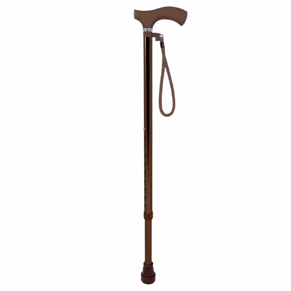 Säädettävä kävelykeppi, lyhyt pituus,. Silikonikahvasta saa hyvän otteen. Ranneenkki. Väri ruskea.
