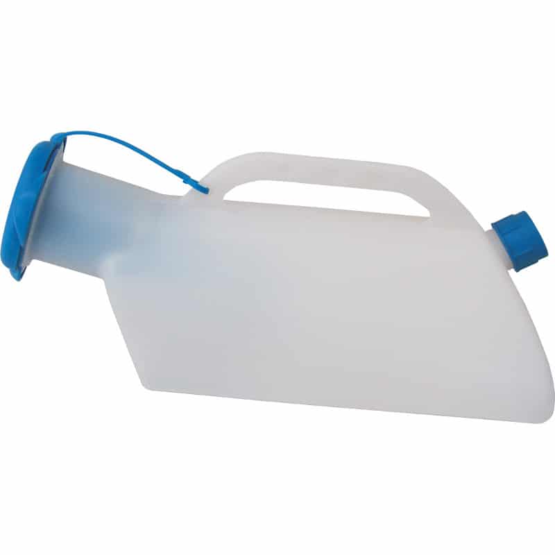 Virtsapullo Urolis ei valuta suuakossa olevan sulkuventtiilin ansiosta. Kahva ja korkki takana, minkä ansiosta tyhjentäminen käy tasaisesti pupluttamatta.