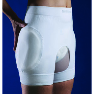 Lonkkasuojahousut, joissa kiinteät tekstiiliset kilvet , inkontinenssimalli