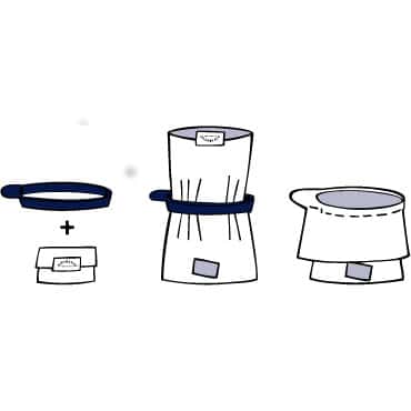 Kun pissahätä yllättää, tähän voit pissata. Pussi on vesitiivi ja sisältää jauhetta, joka kovettaa sisällön välittömästi ja voit heittää pussin roskiin.Naisille ovaali pidike pitämään pussia paikoillaan.