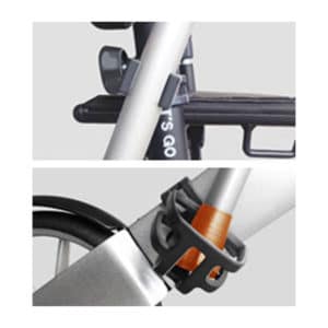 Kaksi osaa, kävelykepin pidike asennetaan painamalla se rollaattorin rungon yläosaan ja kuppi, johon kävelykepin pää tulee, painetaan kiinni rollaattorin rungon alaosaan.