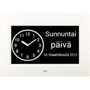 Muistin avuksi suomenkielinen kalenterikello vuorokaudet vaihdettu analoginen kellonäkymä.