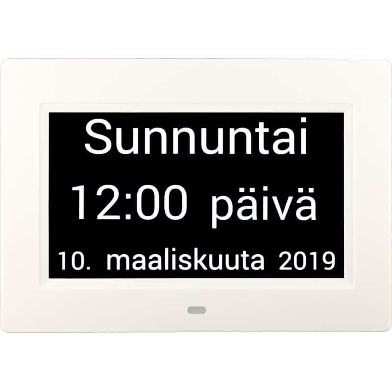 Muistin avuksi suomenkielinen kalenterikello digitaalinen kellonaika, päivä.