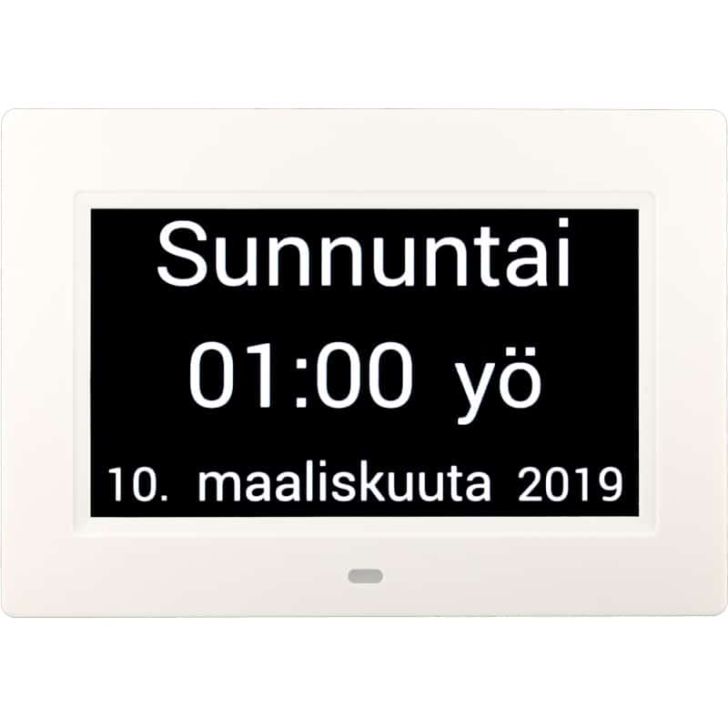 Muistin avuksi suomenkielinen kalenterikello digitaalinen kellonaika, yö.