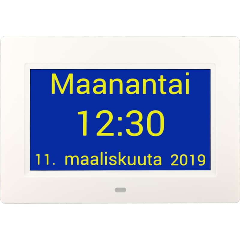 Muistin avuksi suomenkielinen kalenterikello digitaalinen kellonaika, vaihdettu sininen tausta..