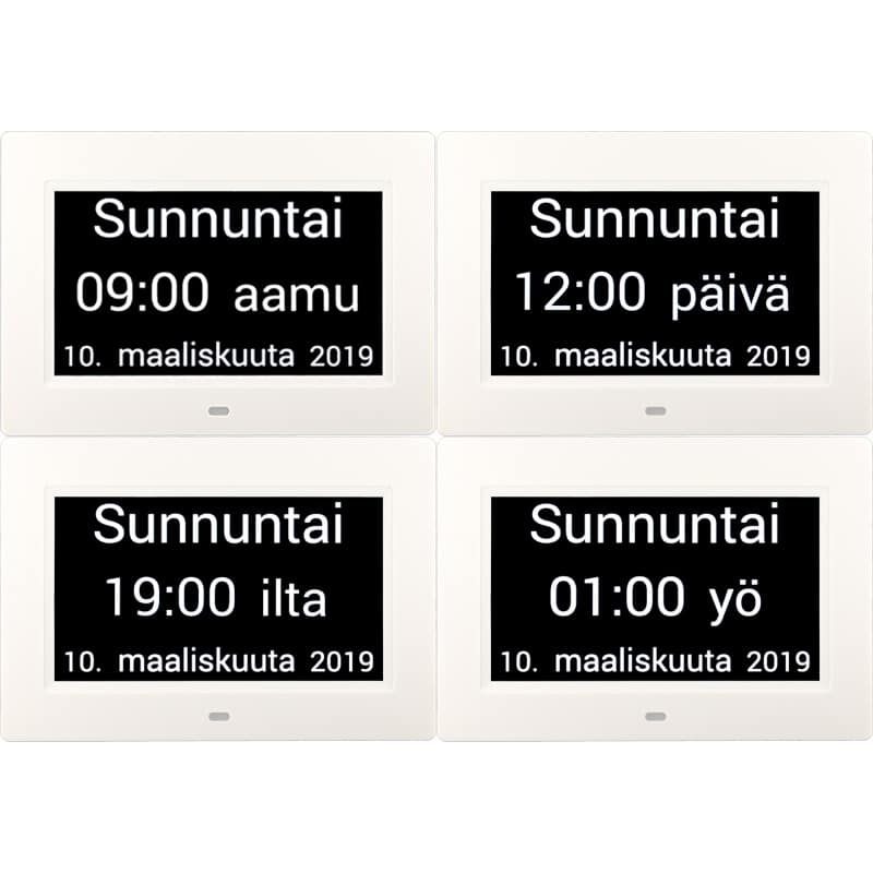 Muistin avuksi suomenkielinen kalenterikello vuorokaudet. Kaikki vuorokauden ajat.