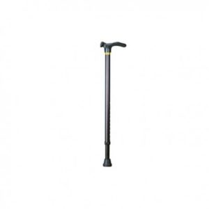 Kävelykeppi, jossa mustaa muovia oleva anantomisesti muotoiltu kädensija ja metallinen korkeussäädettävä varsi.