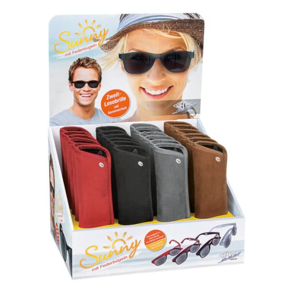 Sunny aurinkolukulasit suojaavat silmiä auringonpaisteessa lukiessa, neljä eri väriä. Kuva myyntitelineestä.