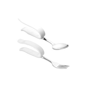 Haarukka kiinnikkeellä henkilölle, jonka käden puristusvoima tai liikerata on heikentynyt. Joustavat kiinnikkeet ovat muotoiltavissa.