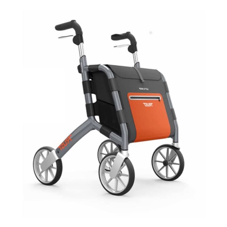 RollaattoriLet's Shop, jossa iso laukku taskuilla varustettuna ja kansi toimii myös istuimena.