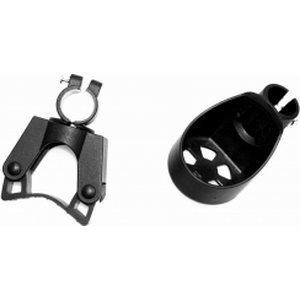 Kävelykepinpidike Mauno rollaattoriin. Pidike rollaattorin tukivarteen ja kuppi, johon kävelykepin pään saa tukea.