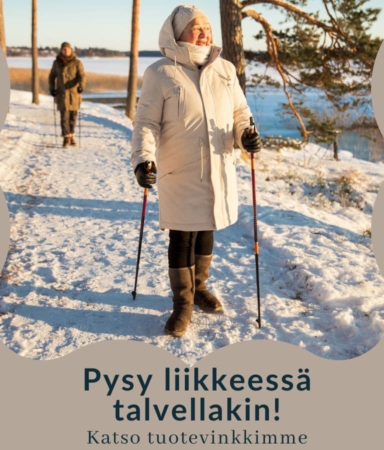 Hyvinvoinnin apuvälineet seniorin turvalliseen liikkumiseen talvella.