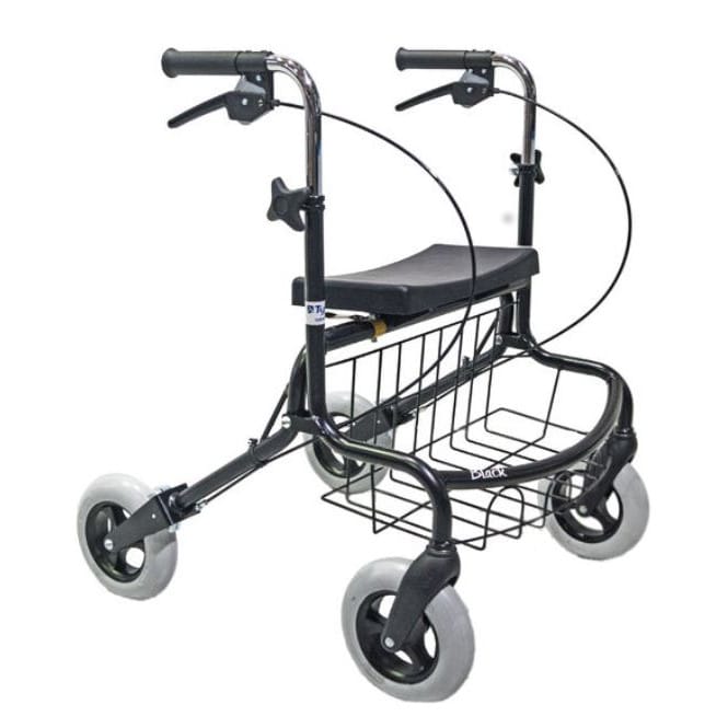 Rollaattori Mauno leveä ja matalamalli kulkee vakaasti ja tilaa istumiseen on enemmän. Sopii myös lyhyemmälle käyttäjälle.