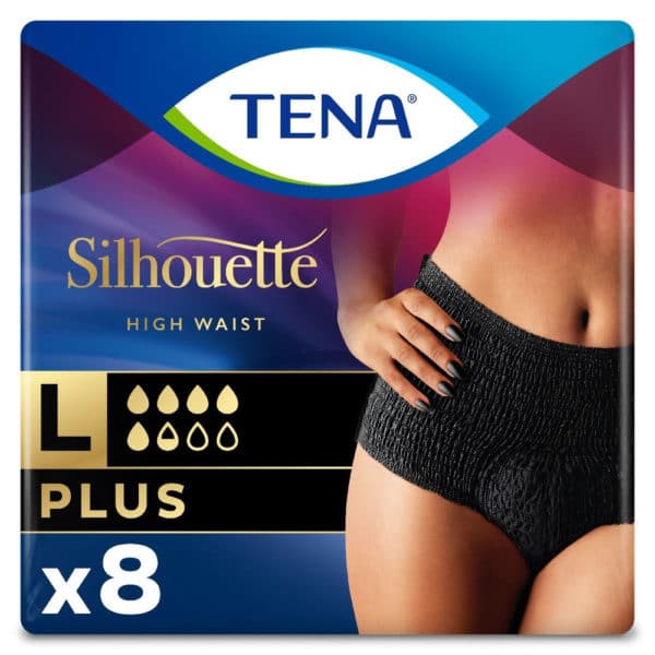 Inkohousut Tena Silhouette Plus Pants musta korkeavyötärö. Tena Silhouette Plus Pants suojaavat alushousut ovat elegantin mustat ja suojaavat tehokkaasti keskivaikealta ja vaikealta virtsankarkailulta.