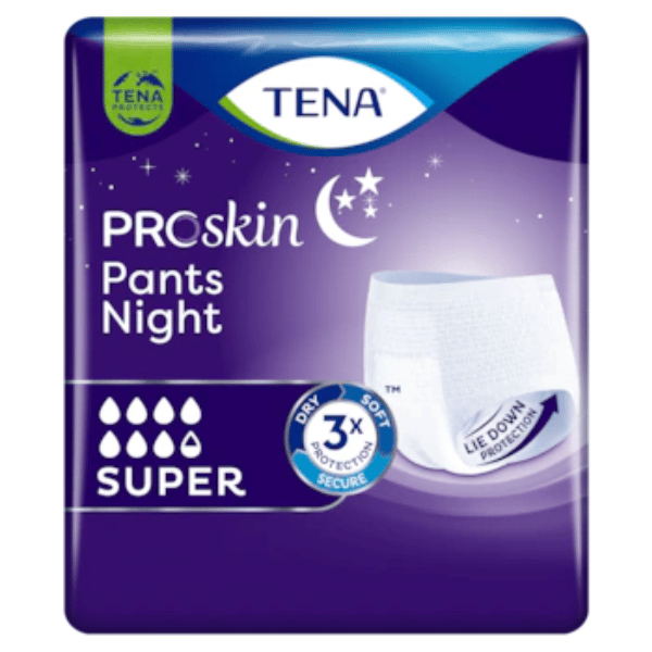 Inkohousut Tena Pants Night Super ovat valkoiset, pehmeät ja miellyttävät, tavallisten alushousujen tapaan istuvat inkohousut yö käyttöön.