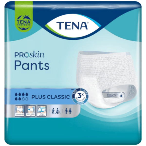 Inkohousut Tena Pants Plus Classic ovat mukavat ja sopivat sekä naisille että miehille. Suojaavat keskivaikealta ja vaikealta virtsankarkailulta.