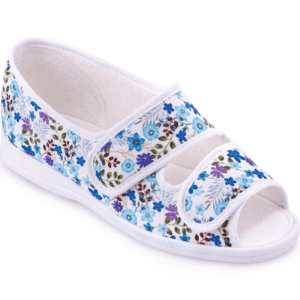 Naisten leveälestinen sandaali Mollie sininiitty on ihanan viileä ja mukava lämpiminä päivinä keveyden ja puuvillakankaan ansiosta.