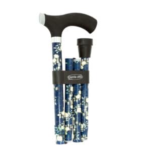 Kävelykeppi alumiini taitettava krysanteemi silikonikahva kokoontaitettun - valkoiset krysanteemikukat sinisellä taustalla.
