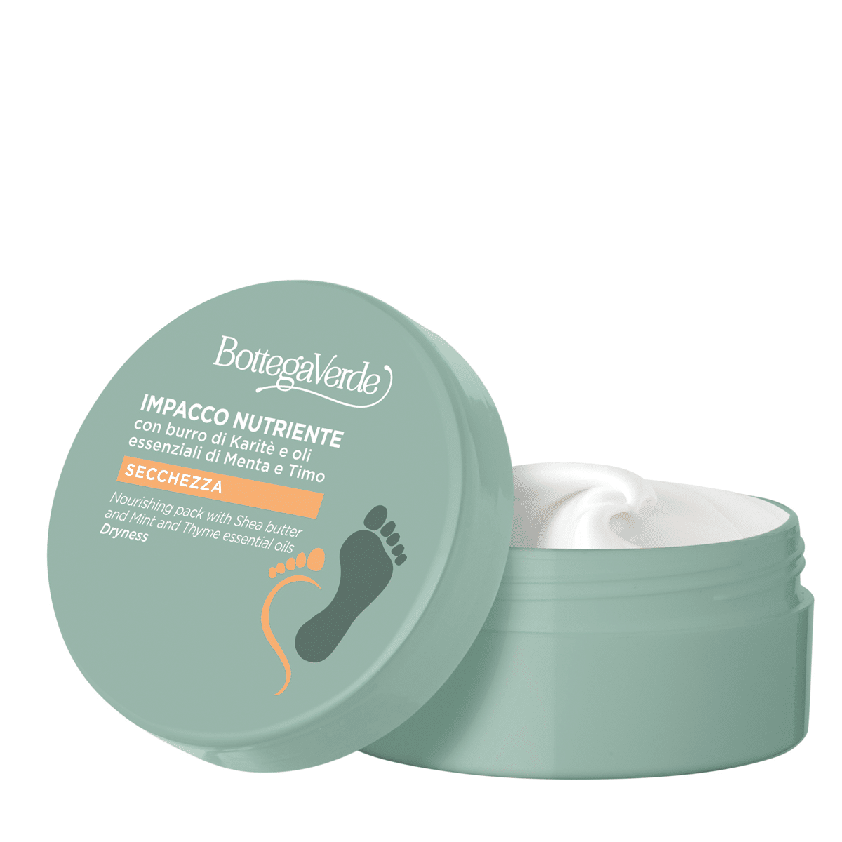 Kosteuttava jalkanaamio 100 ml Bottega Verde runsas, kermainen koostumus.