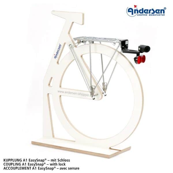 Kiinnityskappale polkupyörään EasySnap ostoskärrylle tavaratelineeseen kiinnittyvä