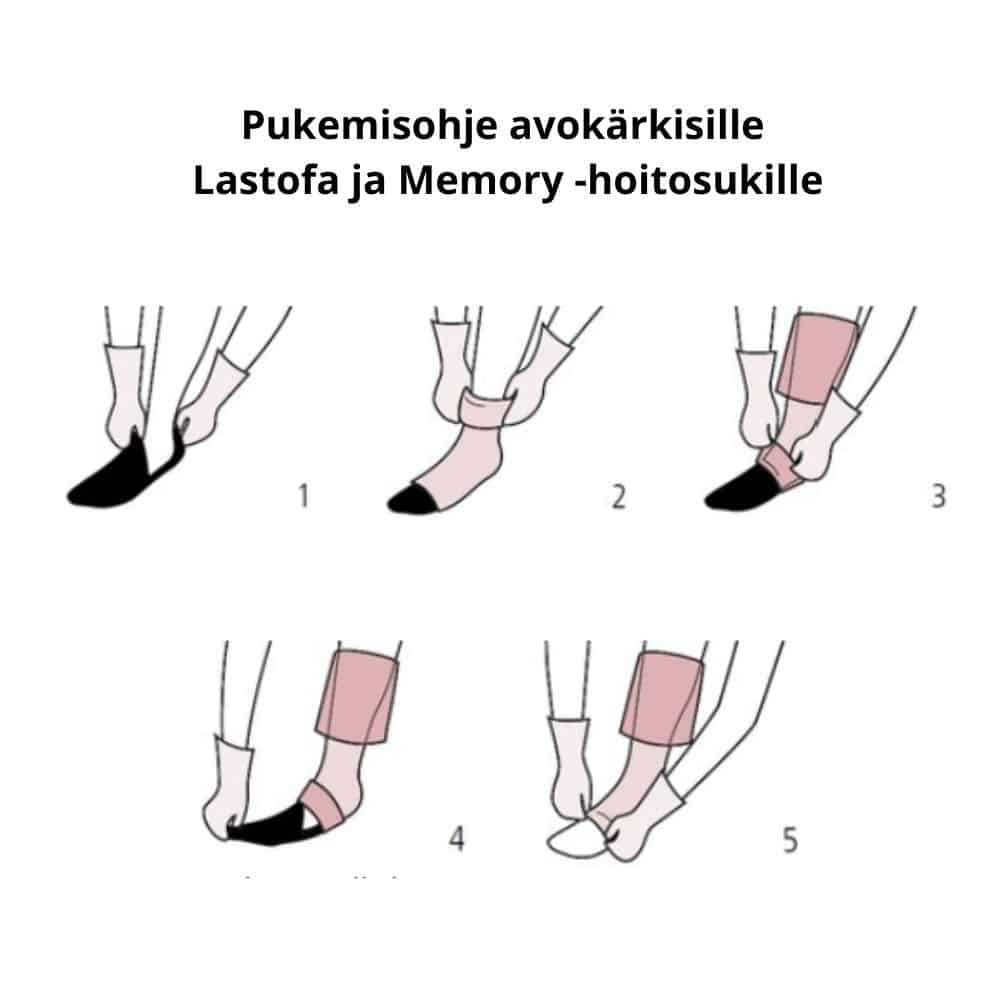Hoitosukat Lastofa ja Memory avokärkisen sukan pukeminen