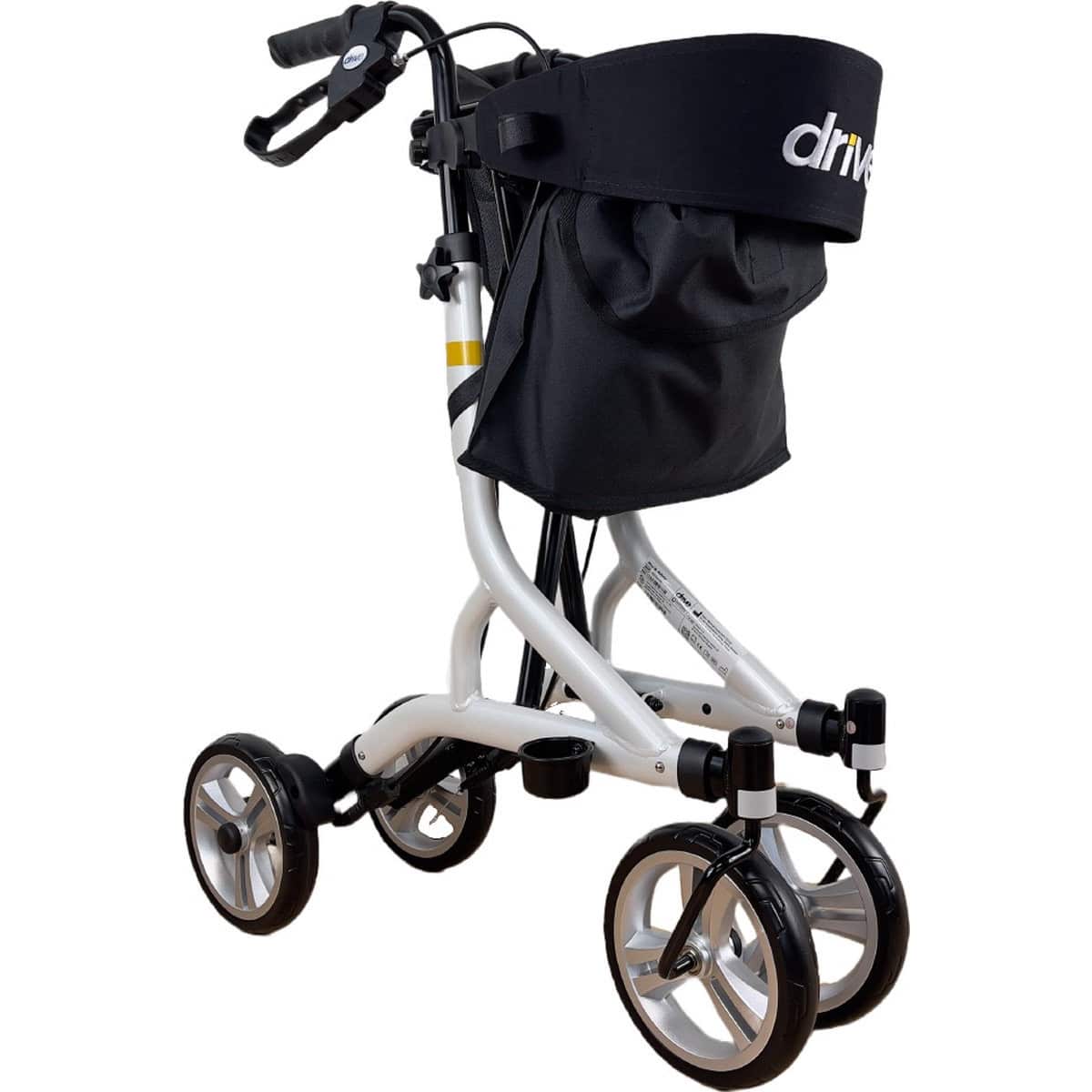 Liitteen tiedot Rollaattori Nitro SL valkoinen kokoontaitettuna. Rollaattorin vakiovarusteina tulee laukku, kävelykeppiteline ja selkätuki.