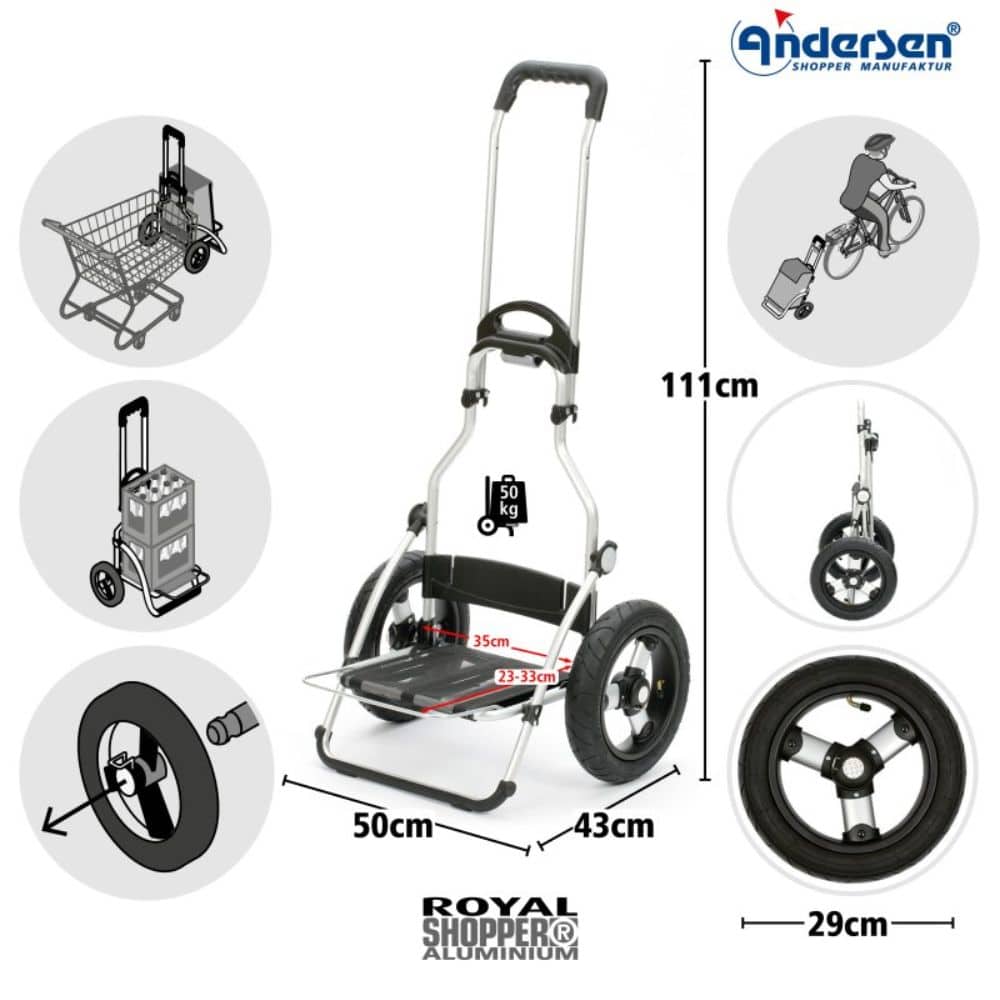 Ostoskärry ilmatäyterenkaat 29 cm Andersen Royal Shopper rungon mitat ja ominaisuudet